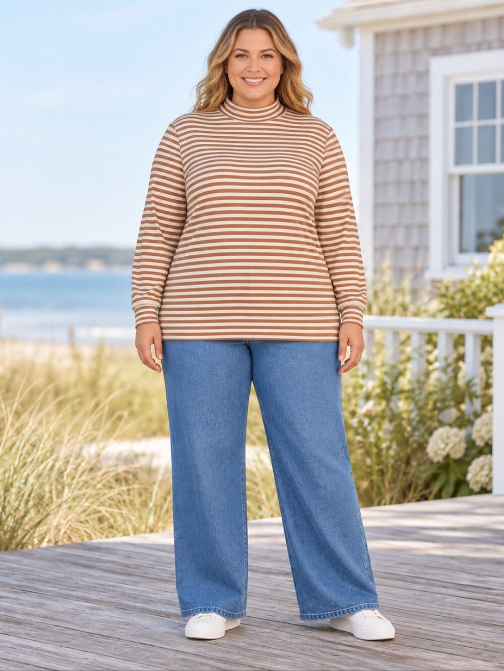 Lands' End Relaxed Mockneck Top in Tan & White Stripe Preppy Coastal Women's 3X